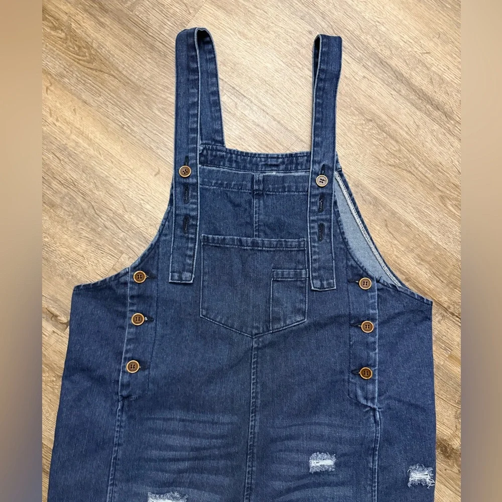 Wide Leg Distressed Oversized Jean Overalls - Picture 6 of 14